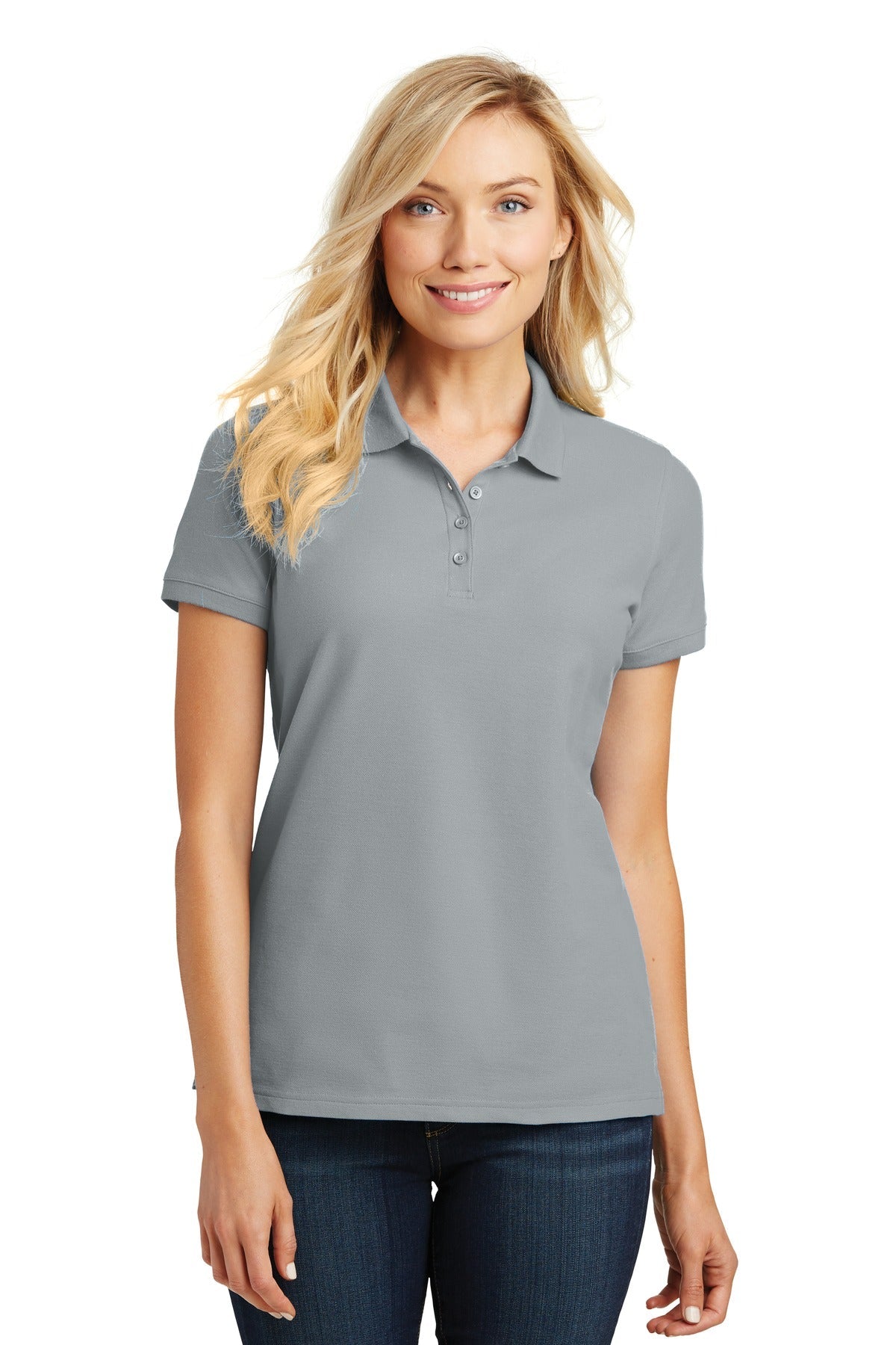 Front View of Gusty Grey Port Authority Women's Core Classic Pique Polo. L100