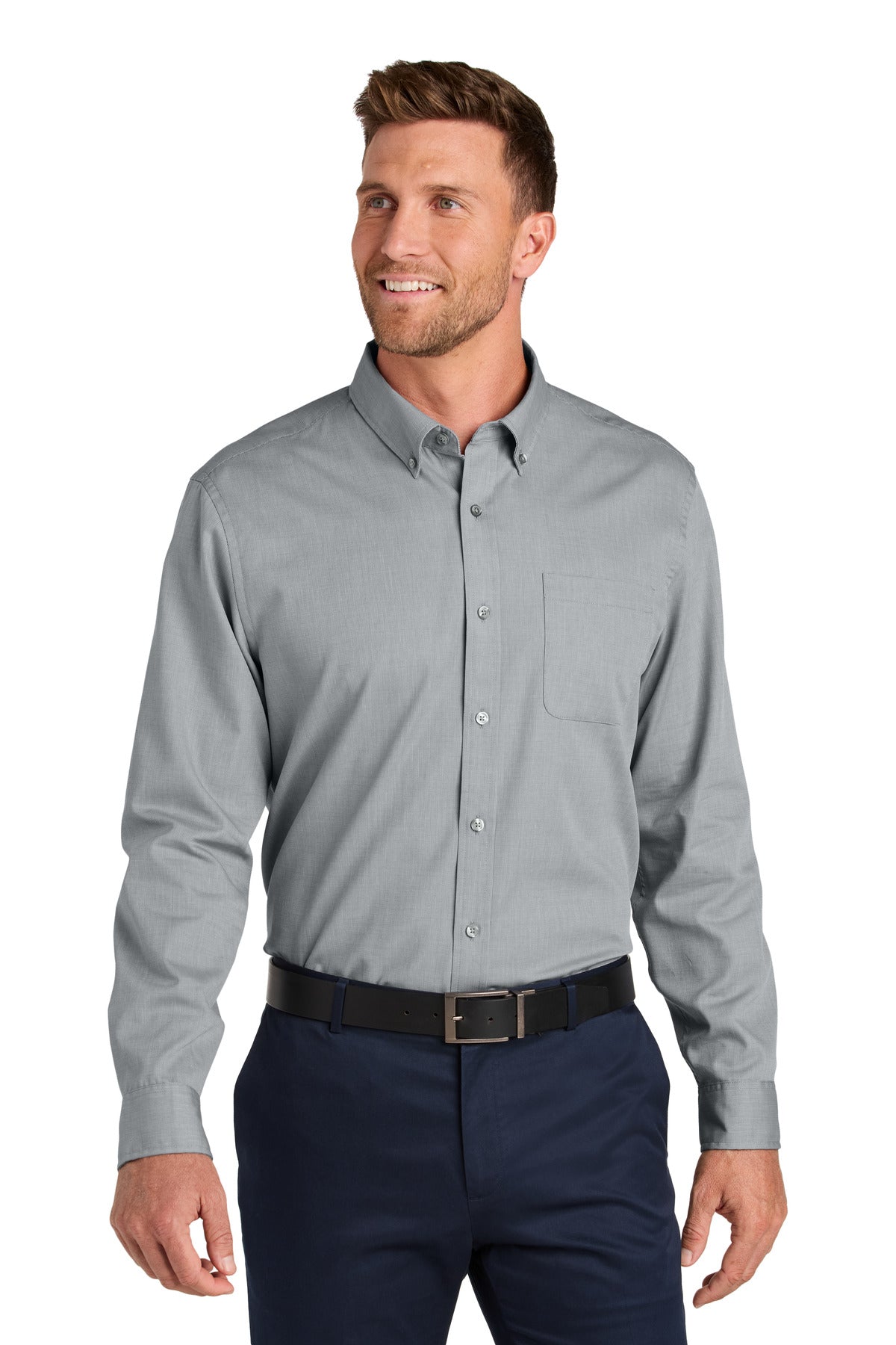 Front View of GustyGrey Port Authority Long Sleeve Nailhead Easy Care Shirt W816