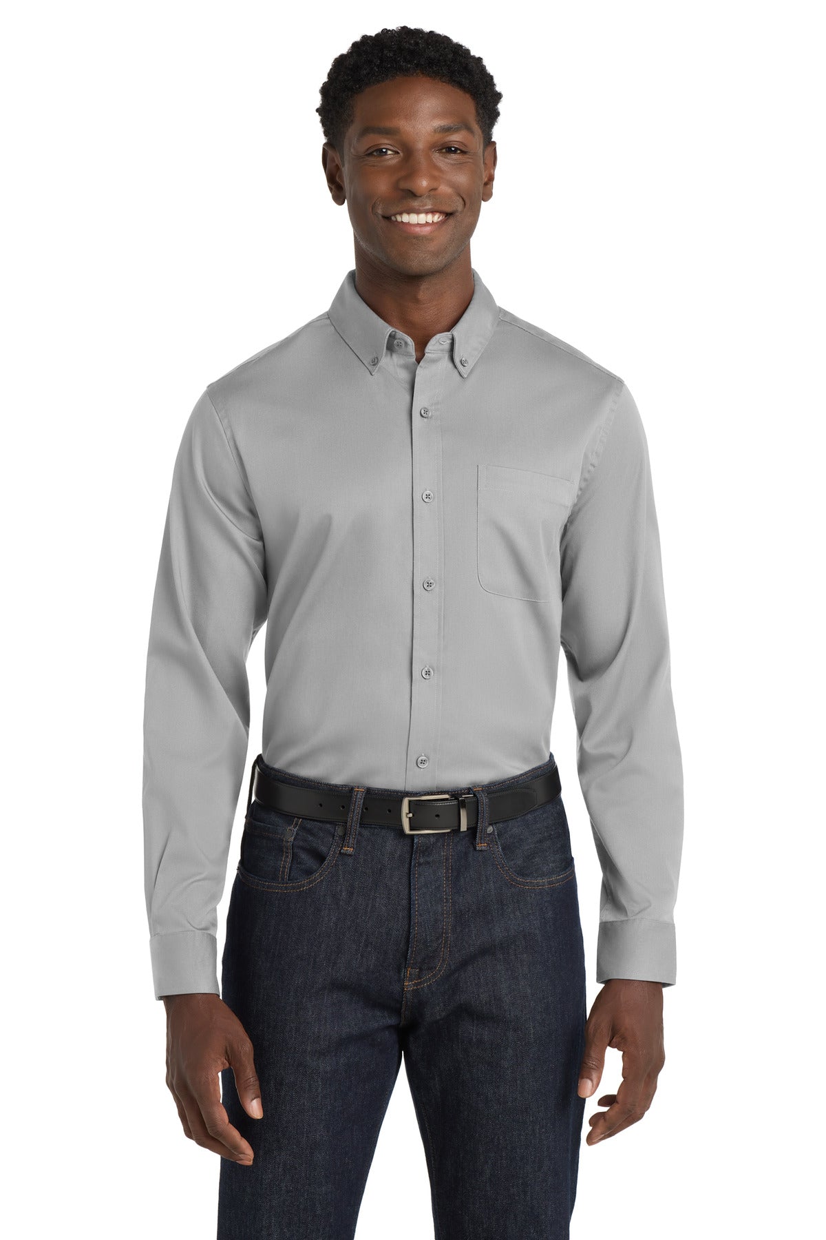 Front View of GustyGrey Port Authority Long Sleeve SuperPro React Twill Shirt. W808