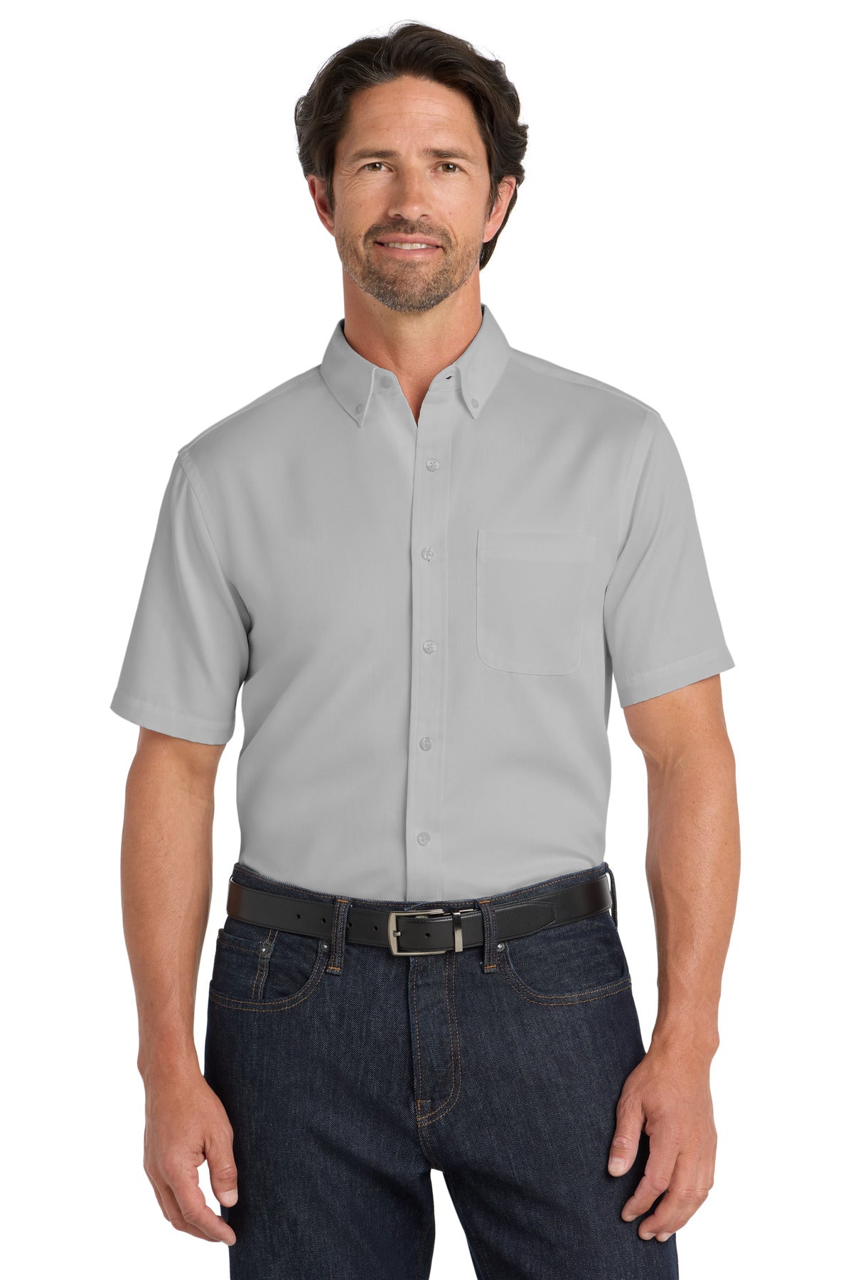 Front View of GustyGrey Port Authority Short Sleeve SuperPro React Twill Shirt. W809