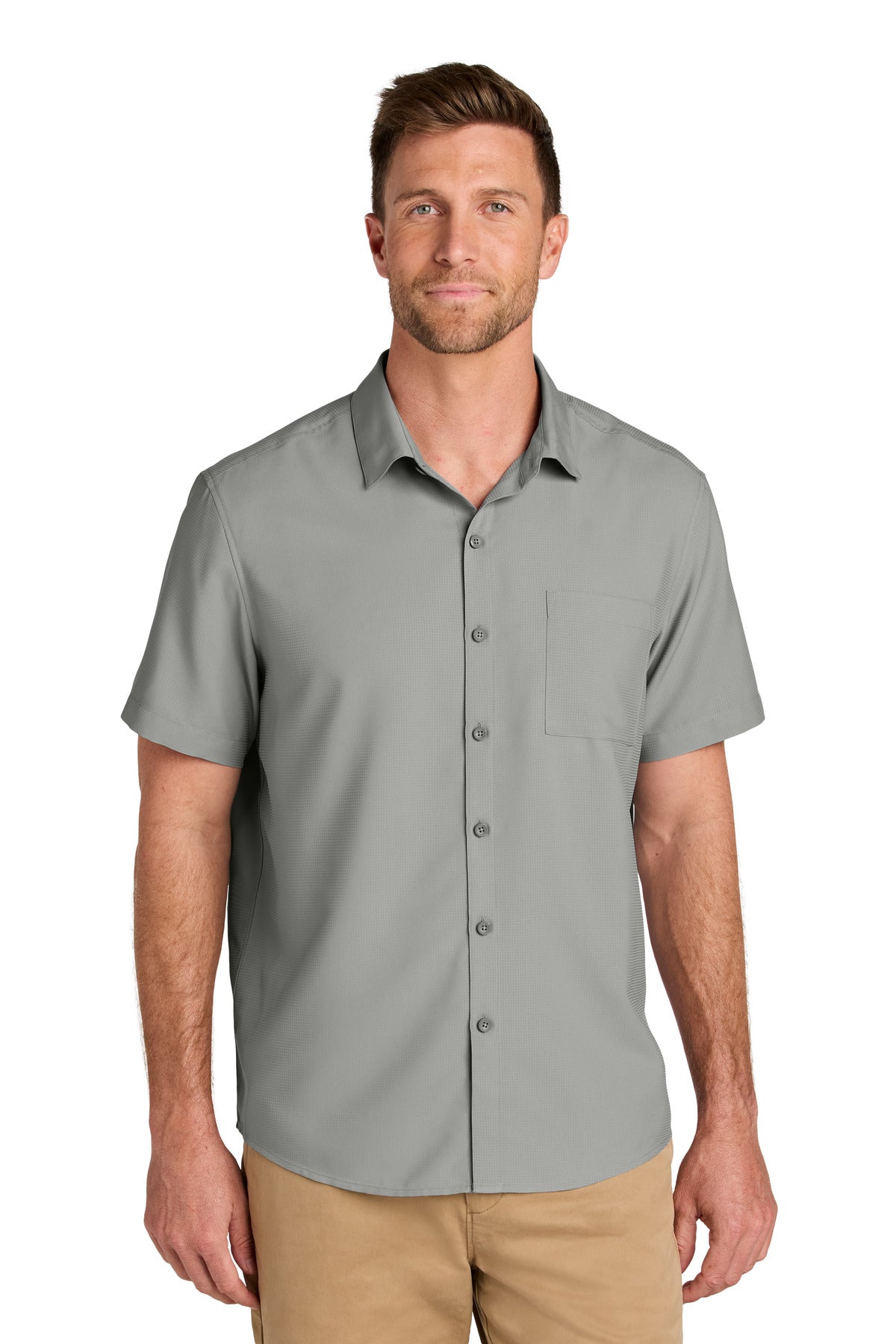 Front View of GustyGrey Port Authority Short Sleeve UV Dockside Shirt W963