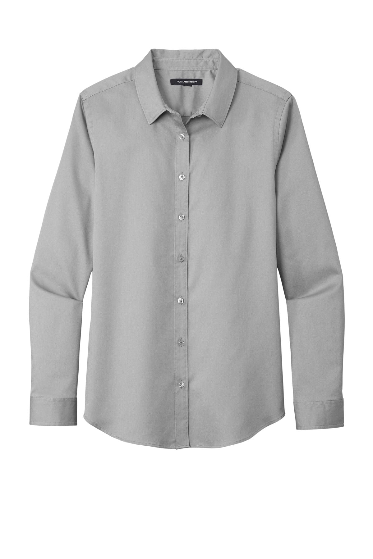Front View of GustyGrey Port Authority Women's Long Sleeve SuperPro React Twill Shirt. LW808