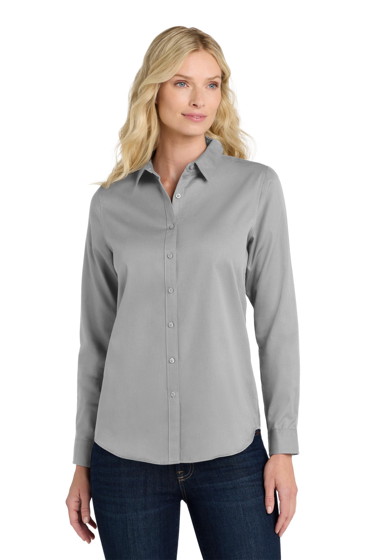 Front View of GustyGrey Port Authority Women's Long Sleeve SuperPro React Twill Shirt. LW808