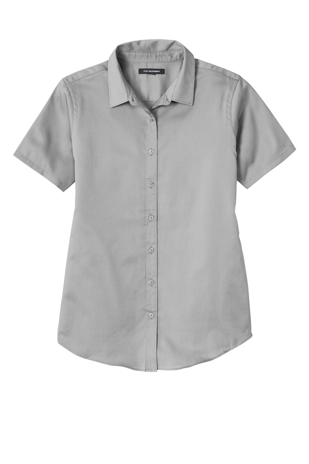 Front View of GustyGrey Port Authority Women's Short Sleeve SuperPro React Twill Shirt. LW809