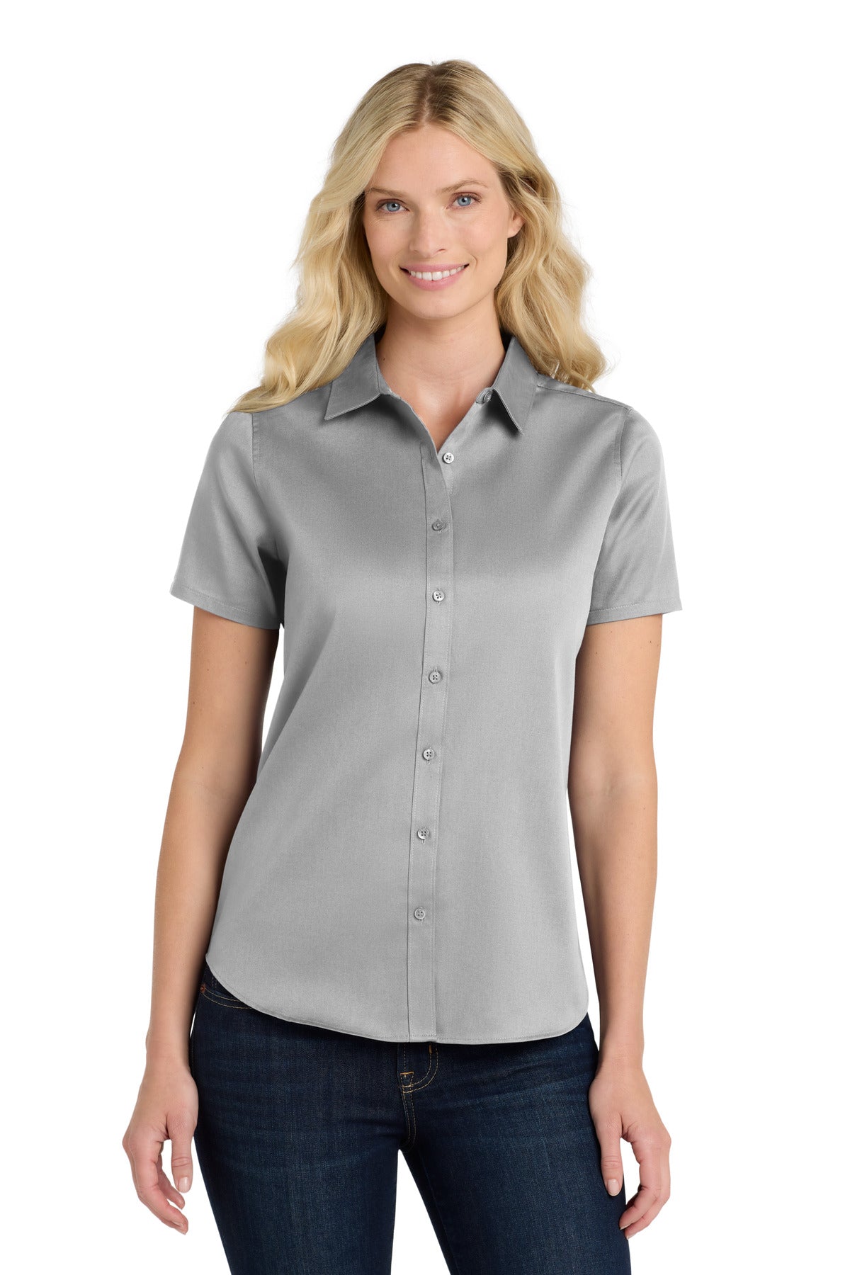 Front View of GustyGrey Port Authority Women's Short Sleeve SuperPro React Twill Shirt. LW809