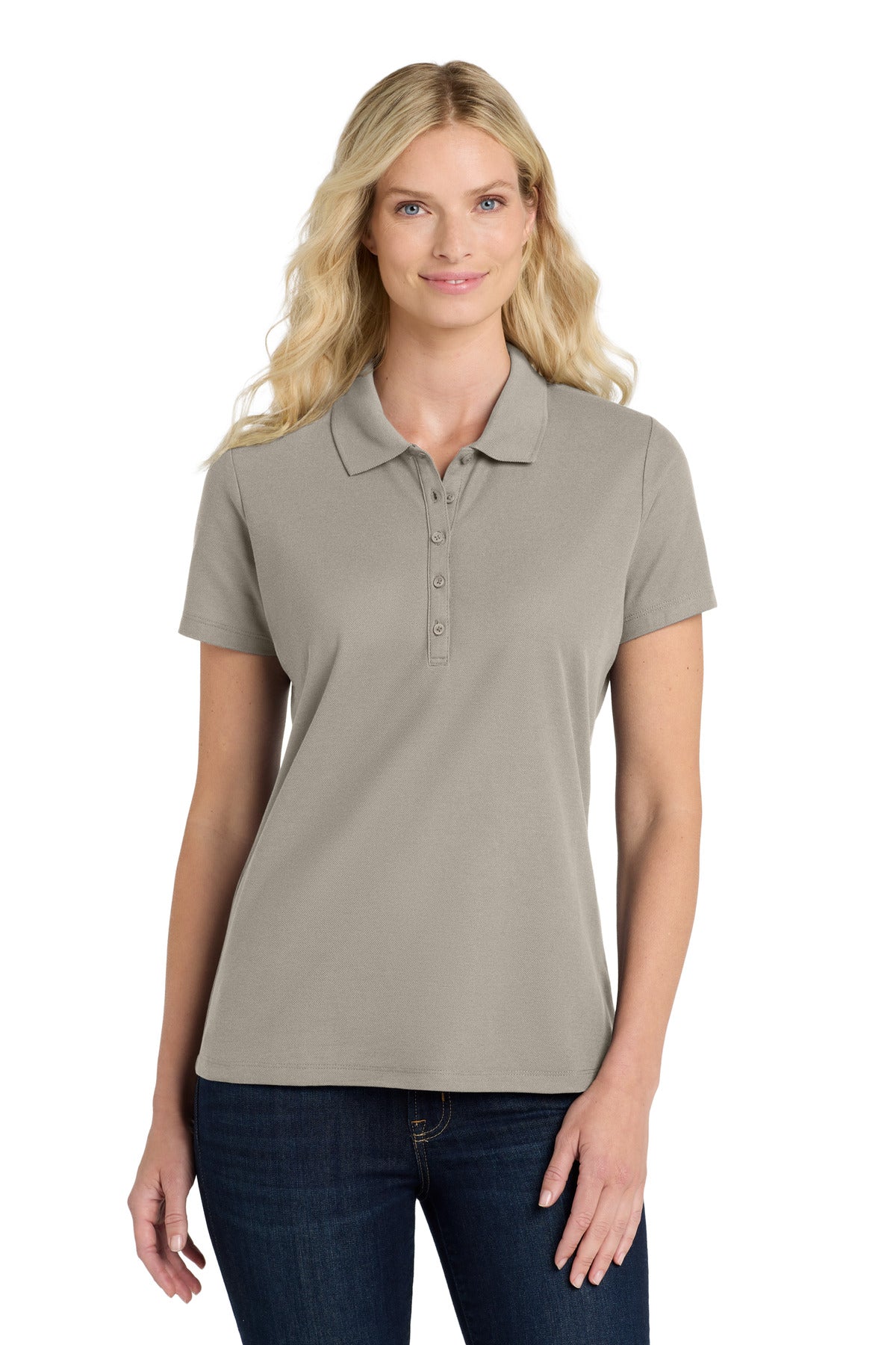Front View of GustyGrey Port Authority Women's SuperPro React Polo. LK810