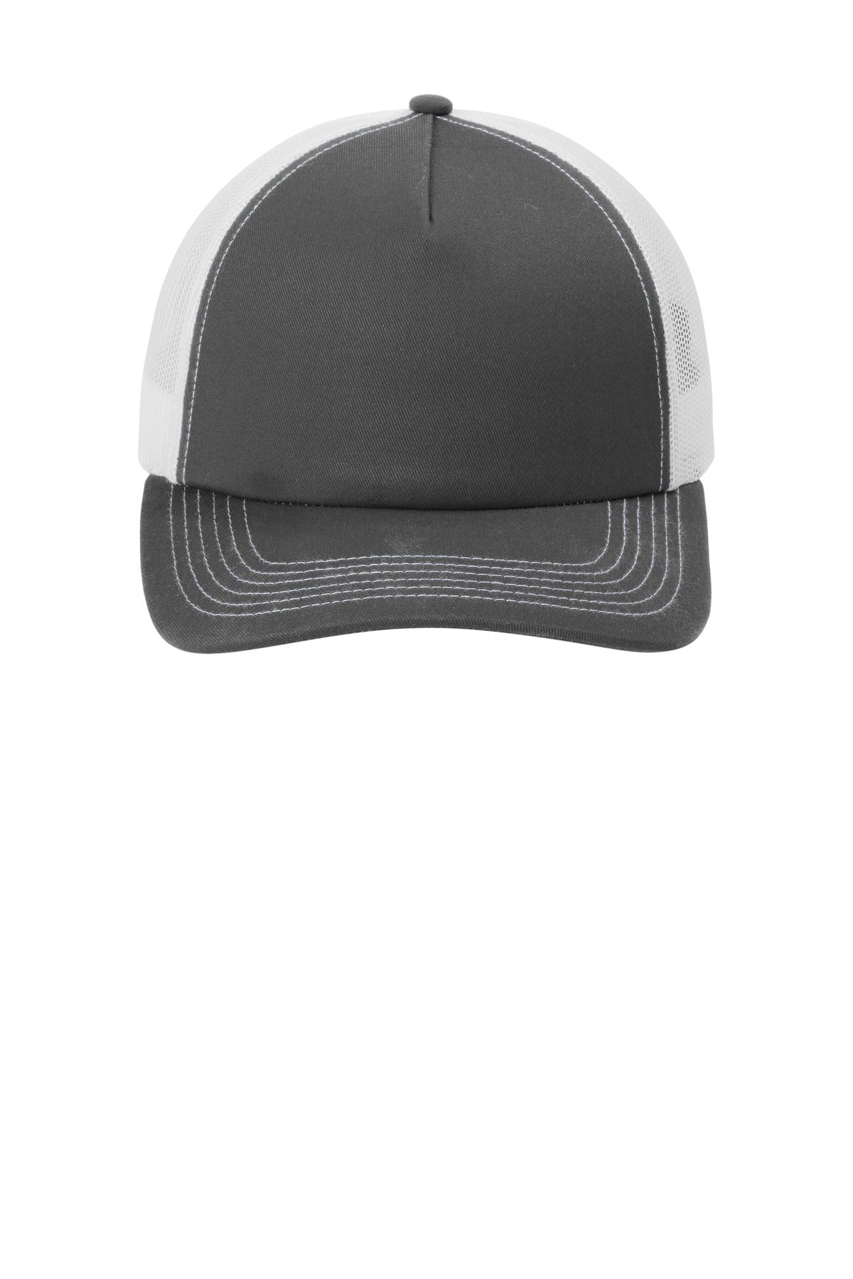 Front View of GySt/White Port Authority Low-Profile Snapback 5-Panel Trucker Cap C405LP