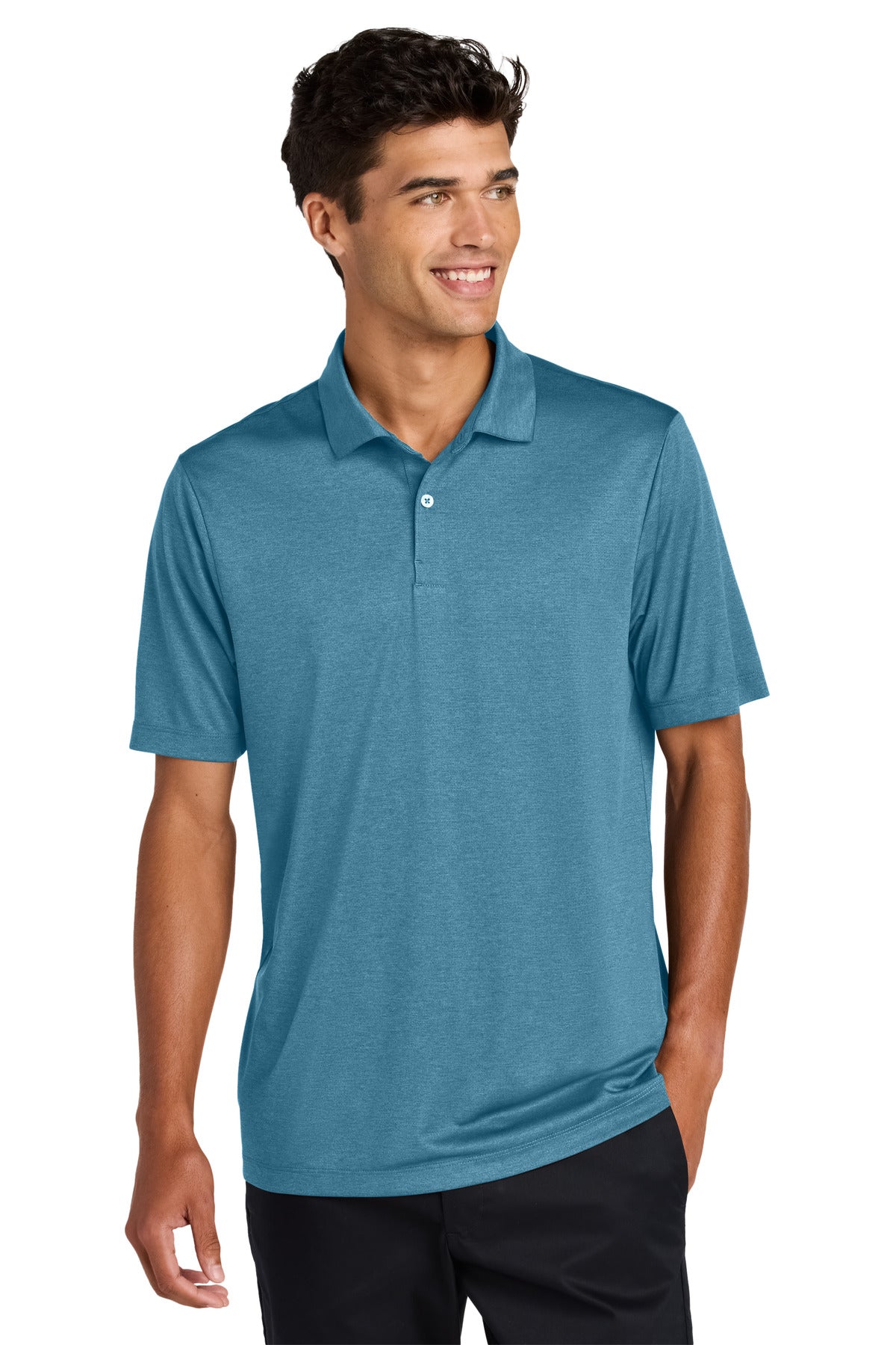 Front View of HarborBlHt Mercer+Mettle Recharge Jersey Polo MM1020