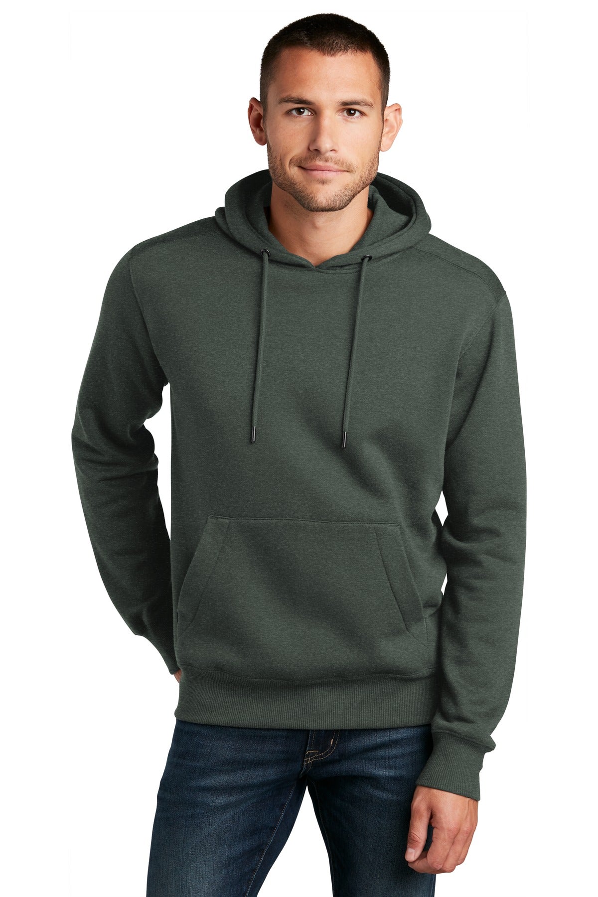 Front View of He Forest Grn District Perfect Weight Fleece Hoodie DT1101