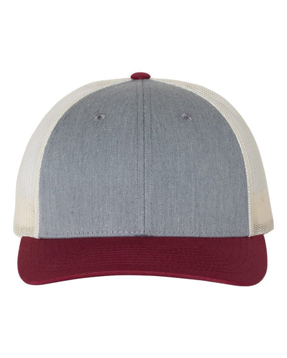 Front View of Heather Grey/ Birch/ Cardinal Low Pro Trucker Cap - 115