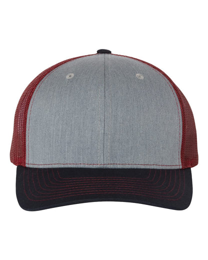 Front View of Heather Grey/ Cardinal/ Navy Snapback Trucker Cap - 112