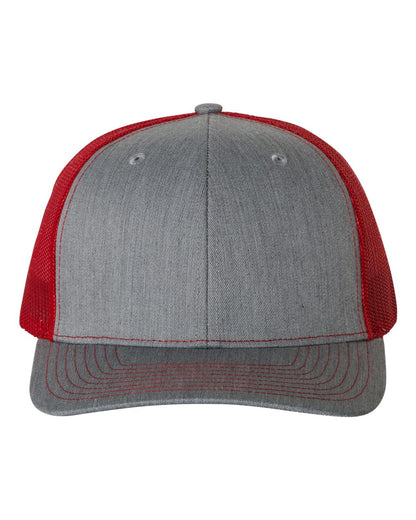 Front View of Heather Grey/ Red Snapback Trucker Cap - 112