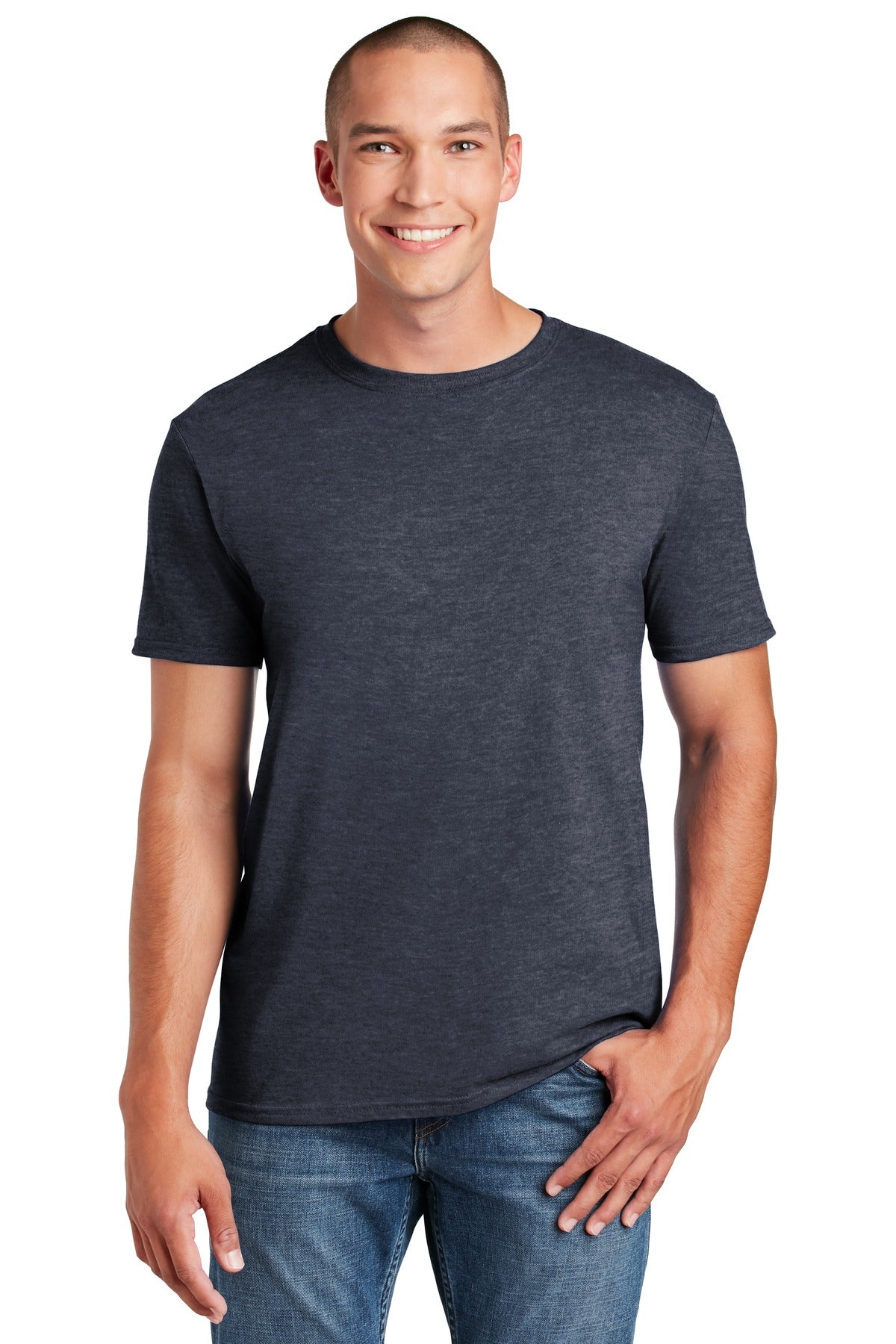 Front View of Heather Navy Gildan Softstyle T-Shirt. 64000
