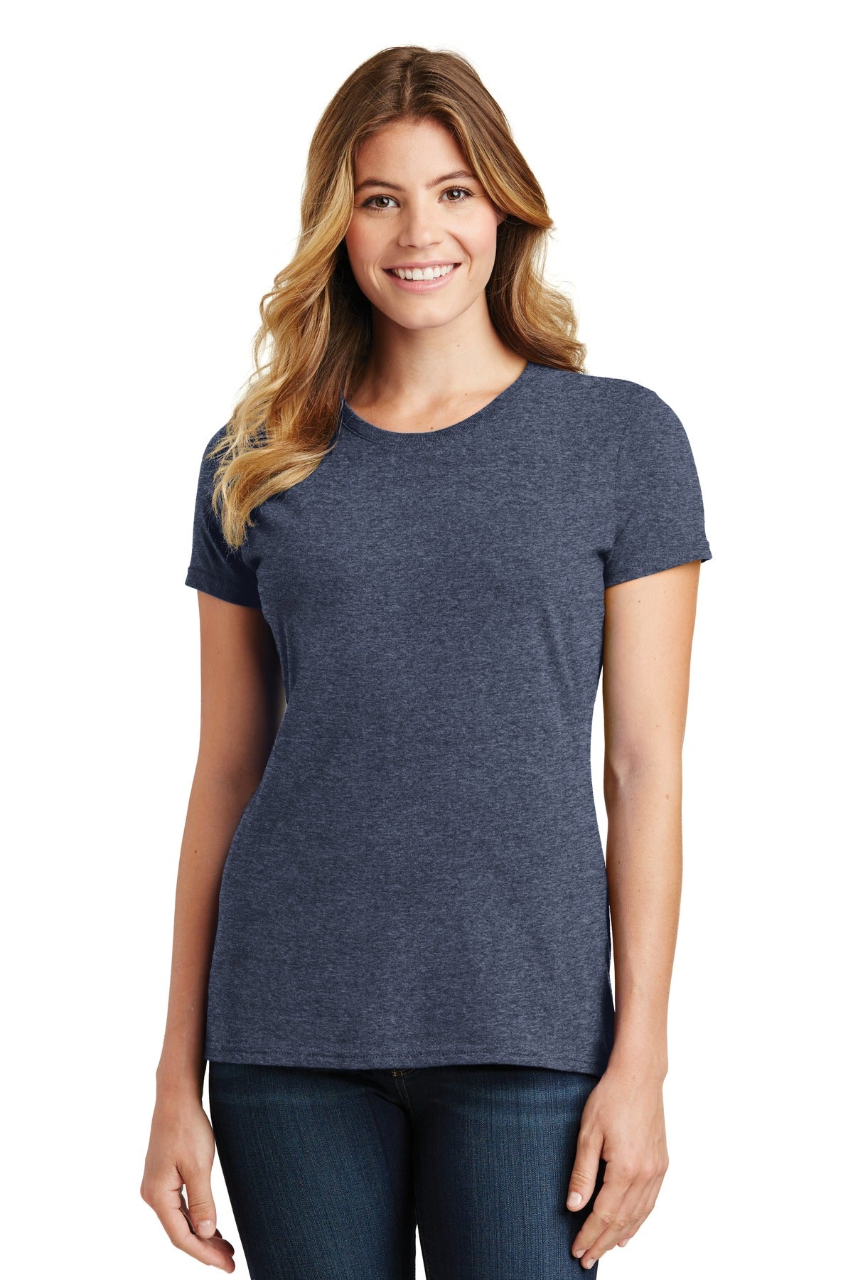Front View of Heather Navy Port & Co Women's Fan Favorite Tee. LPC450