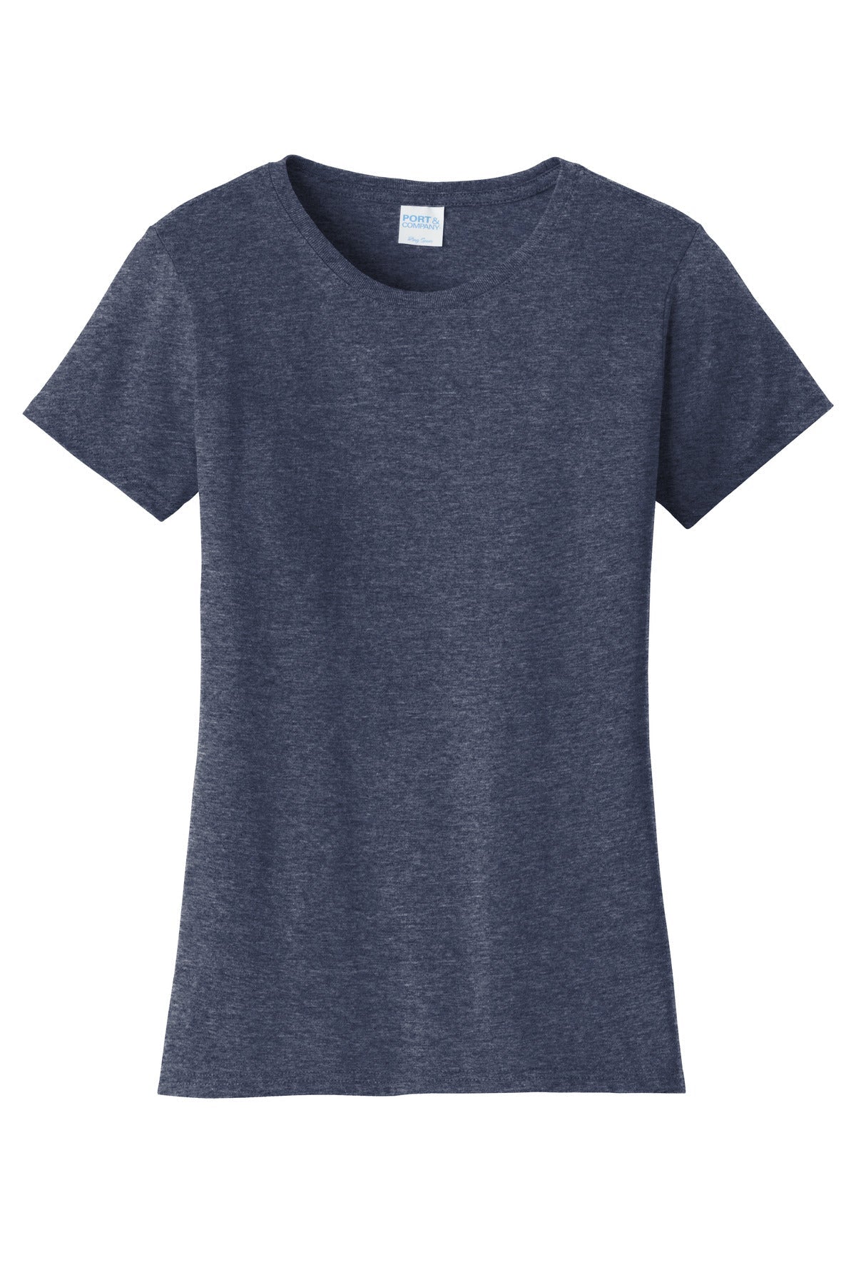 Front View of Heather Navy Port & Co Women's Fan Favorite Tee. LPC450