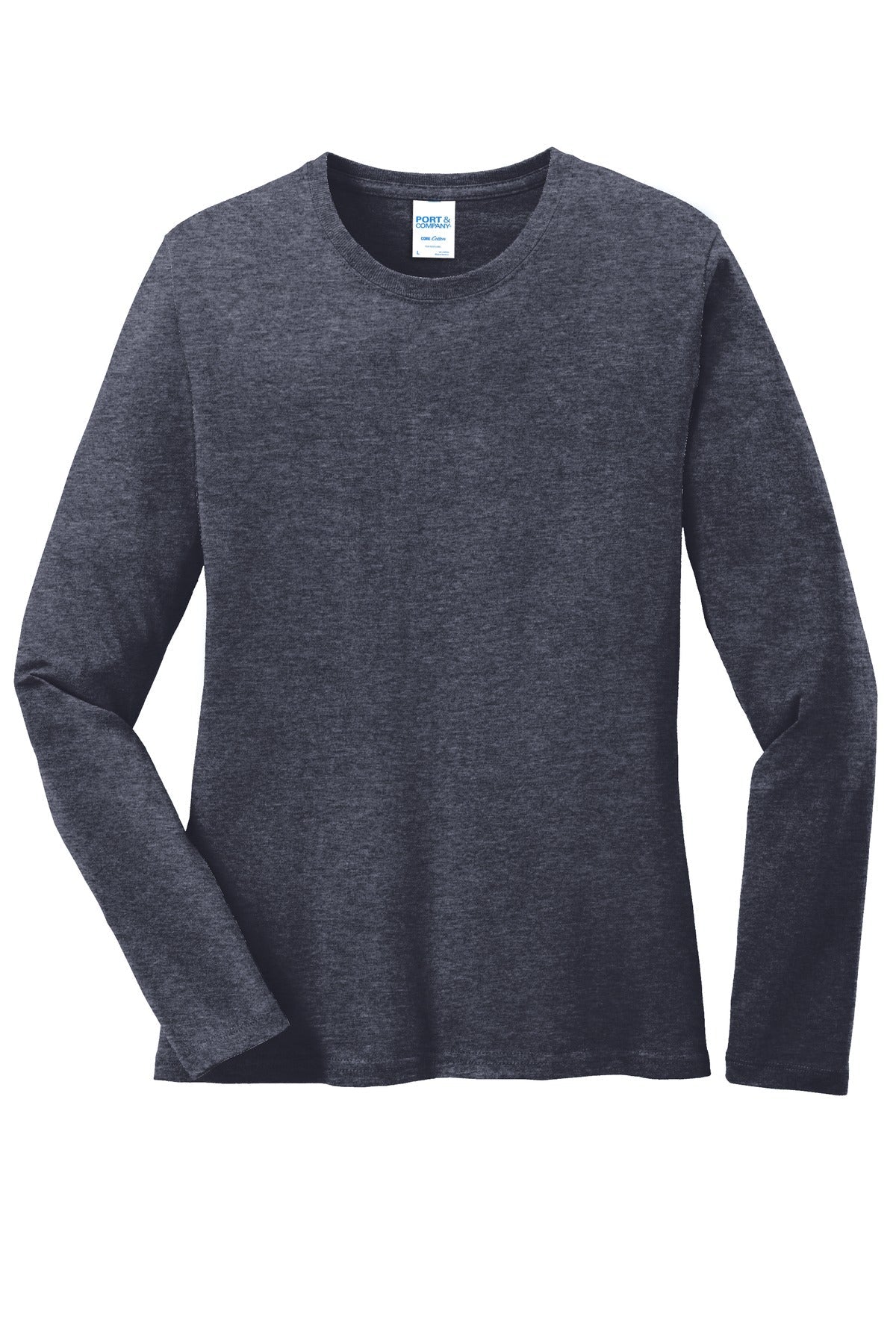 Front View of Heather Navy Port & Co Women's Long Sleeve Core Cotton Tee. LPC54LS
