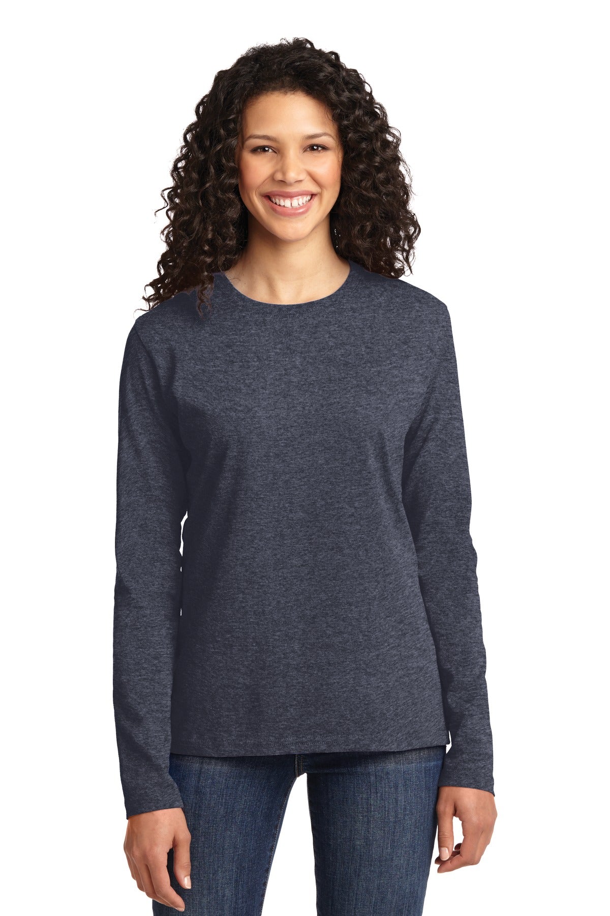 Front View of Heather Navy Port & Co Women's Long Sleeve Core Cotton Tee. LPC54LS