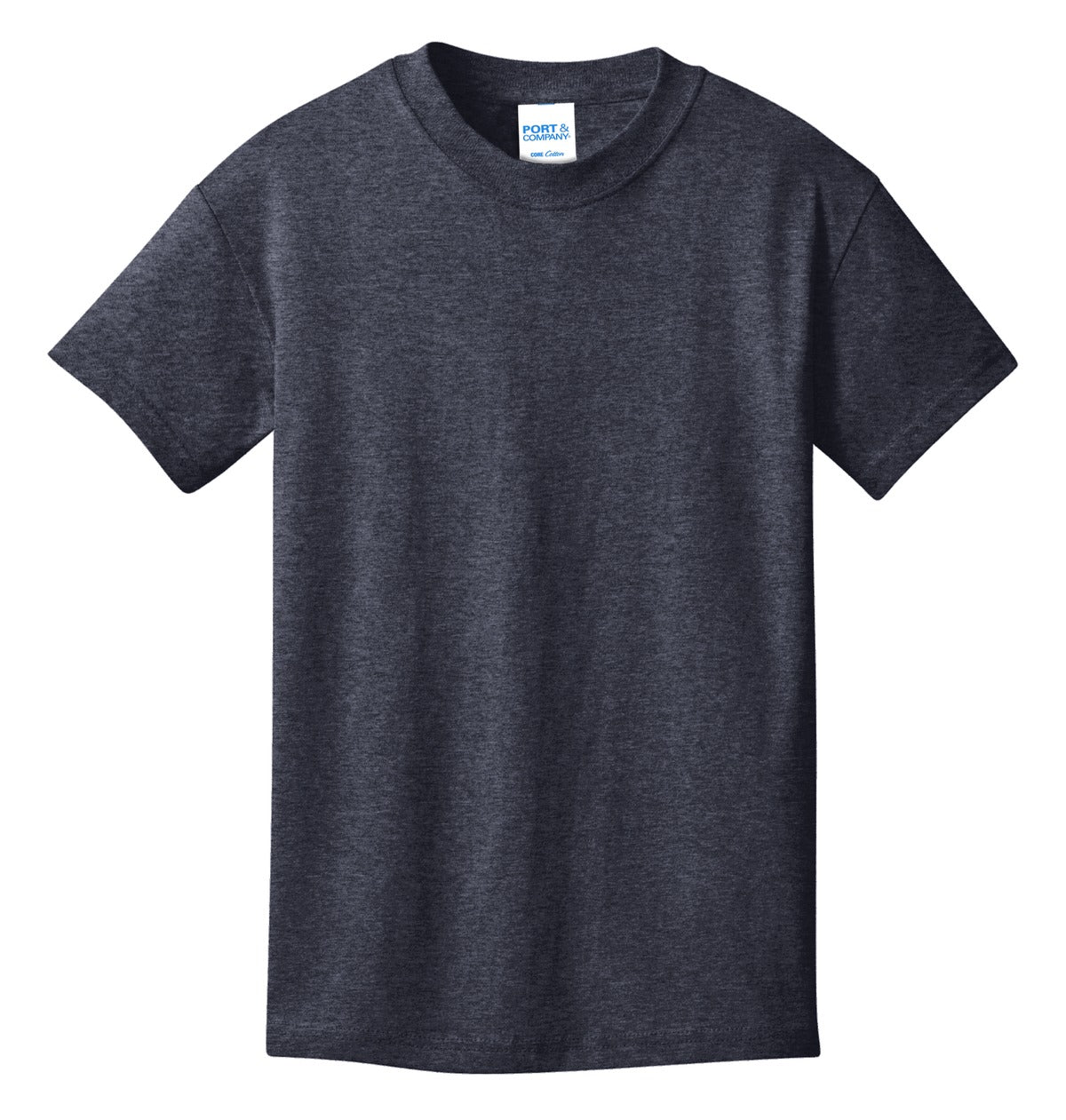 Front View of Heather Navy Port & Co Youth Core Cotton Tee. PC54Y