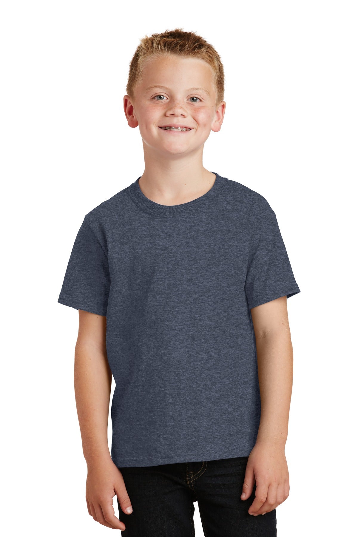 Front View of Heather Navy Port & Co Youth Core Cotton Tee. PC54Y