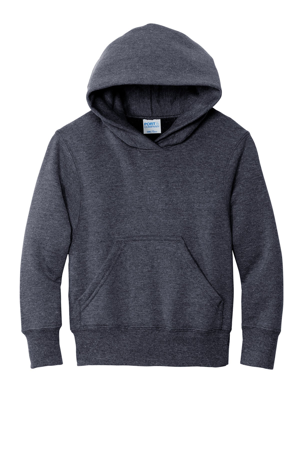 Front View of Heather Navy Port & Co Youth Core Fleece Pullover Hooded Sweatshirt. PC90YH