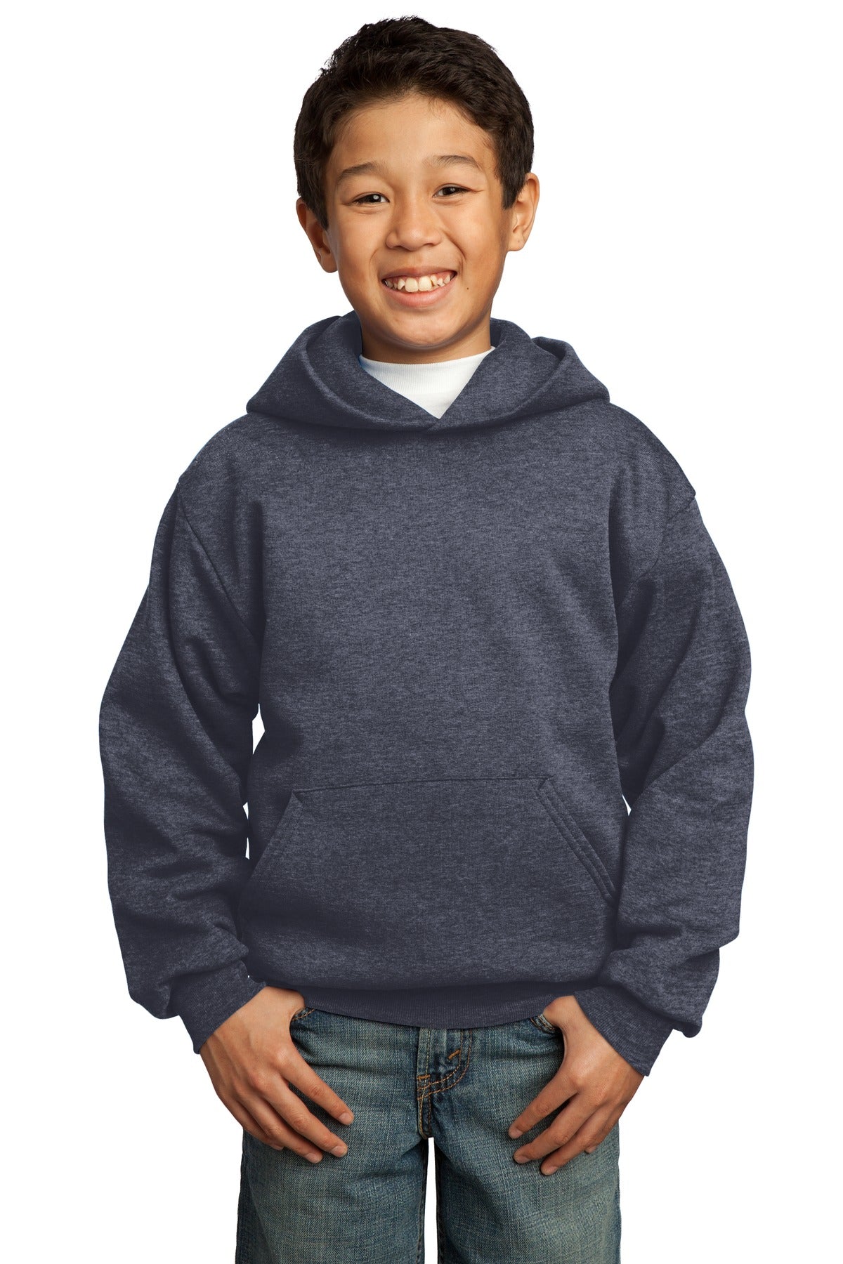 Front View of Heather Navy Port & Co Youth Core Fleece Pullover Hooded Sweatshirt. PC90YH