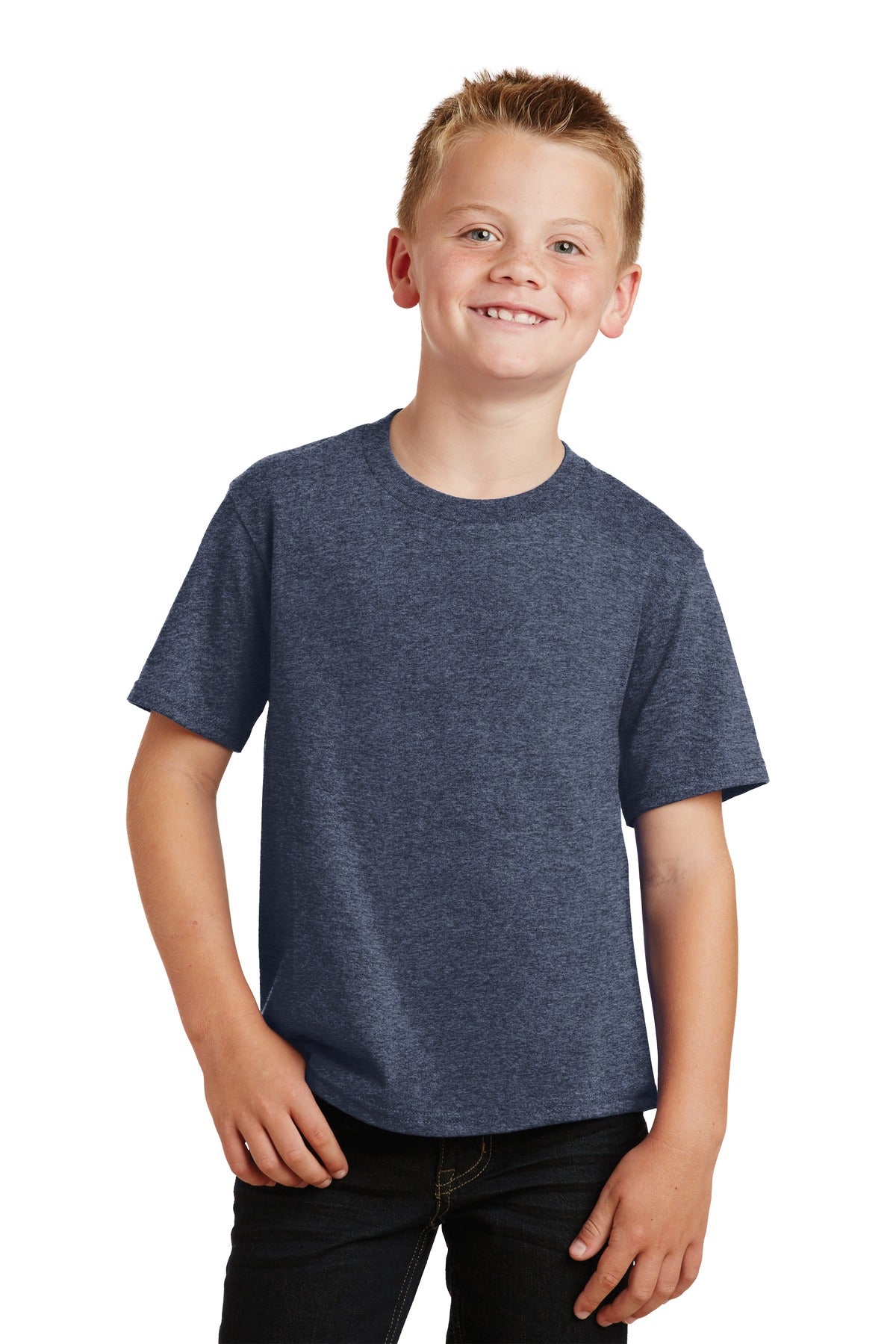 Front View of Heather Navy Port & Co Youth Fan Favorite Tee. PC450Y