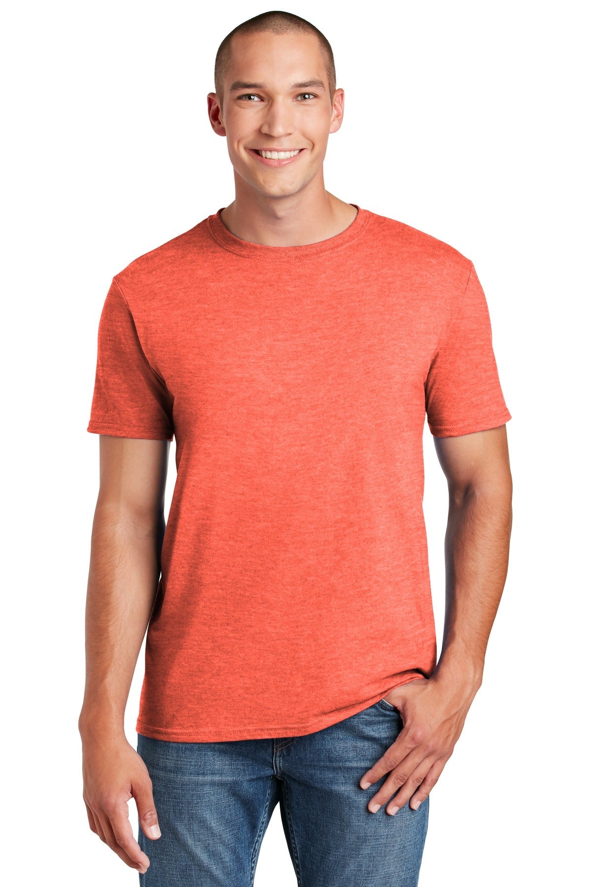 Front View of Heather Orange Gildan Softstyle T-Shirt. 64000