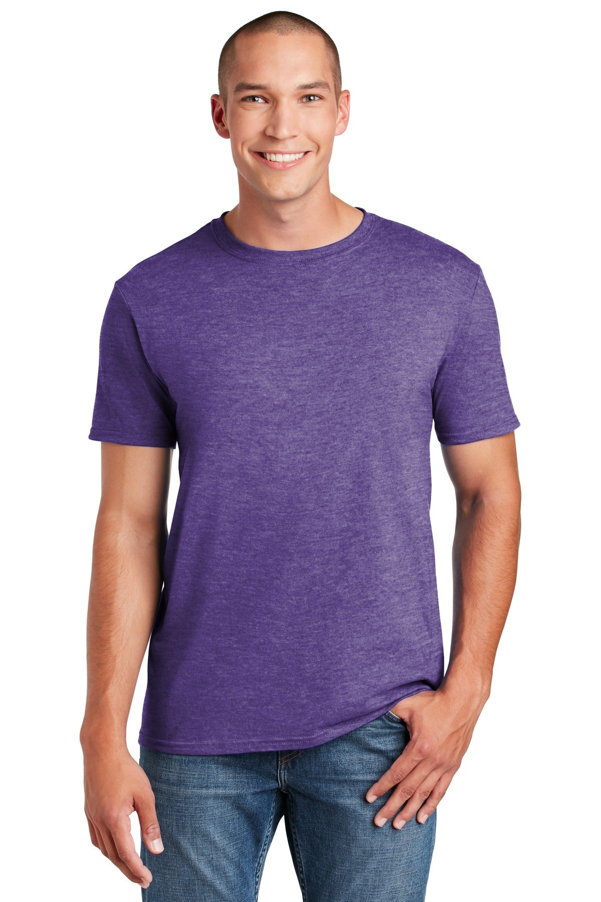 Front View of Heather Purple Gildan Softstyle T-Shirt. 64000