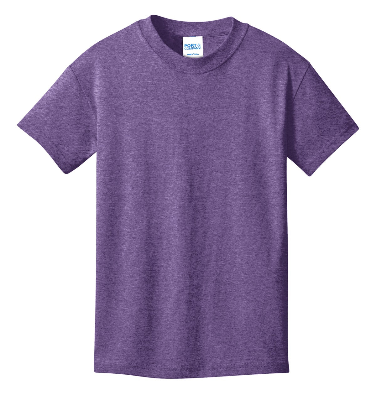 Front View of Heather Purple Port & Co Youth Core Cotton Tee. PC54Y
