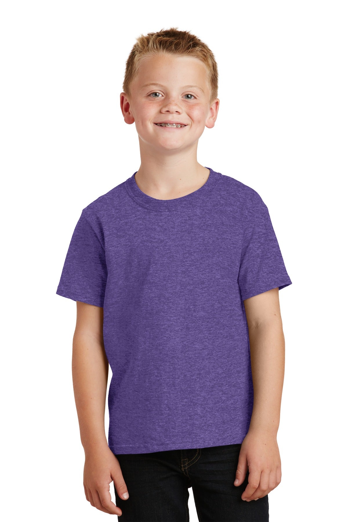 Front View of Heather Purple Port & Co Youth Core Cotton Tee. PC54Y