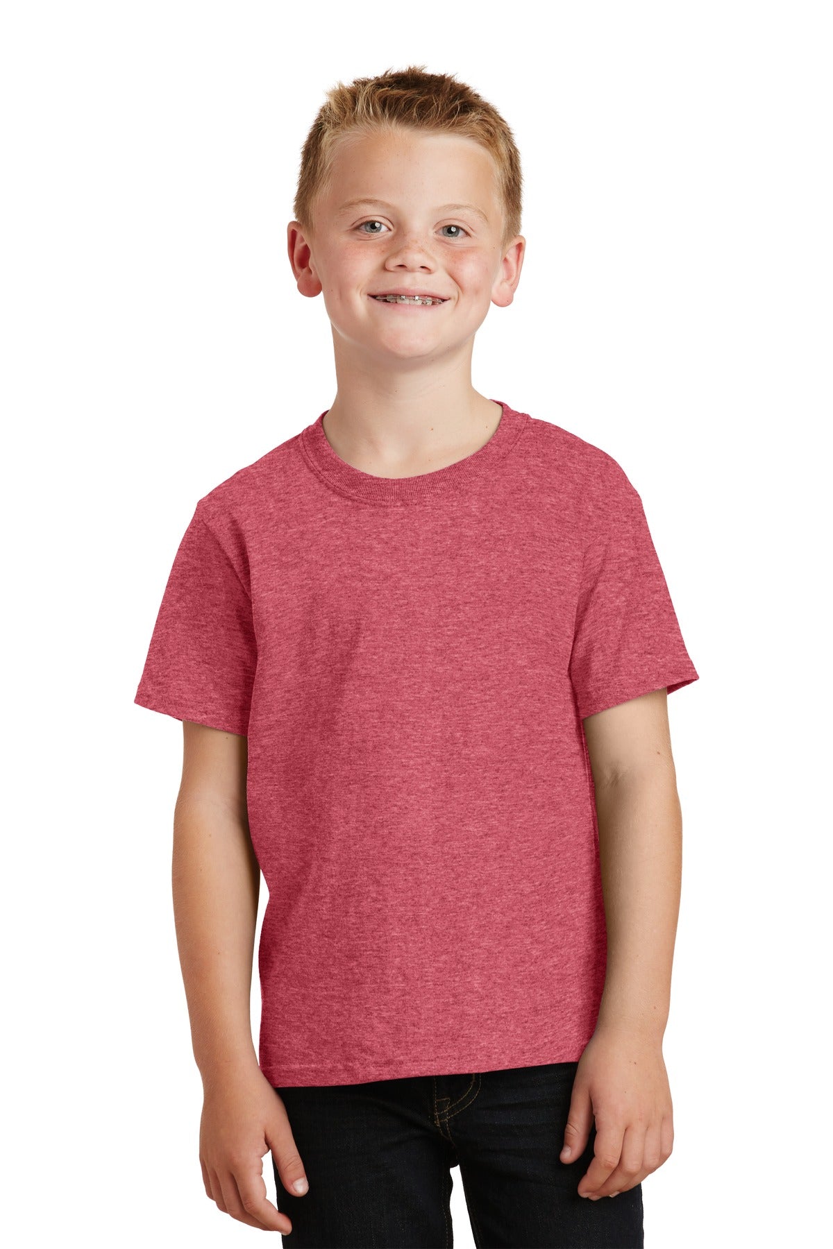 Front View of Heather Red Port & Co Youth Core Cotton Tee. PC54Y