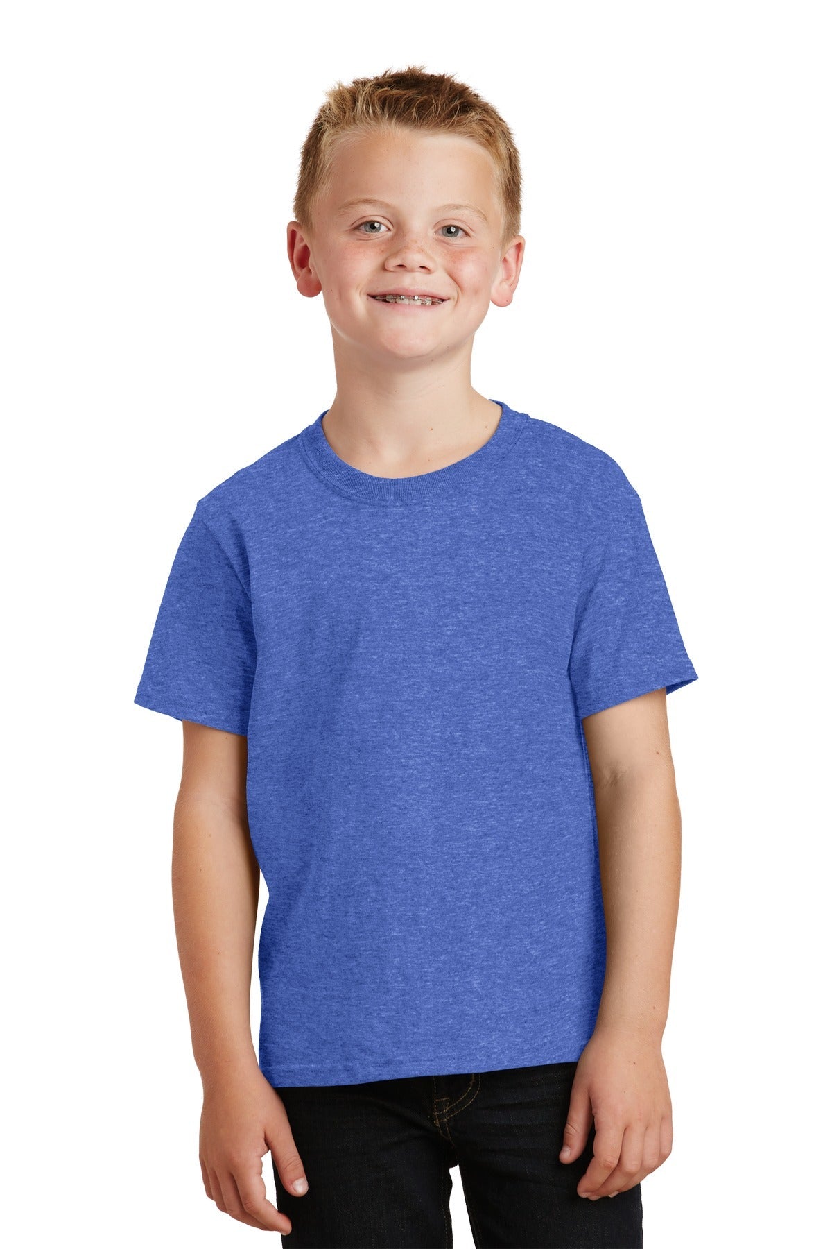 Front View of Heather Royal Port & Co Youth Core Cotton Tee. PC54Y
