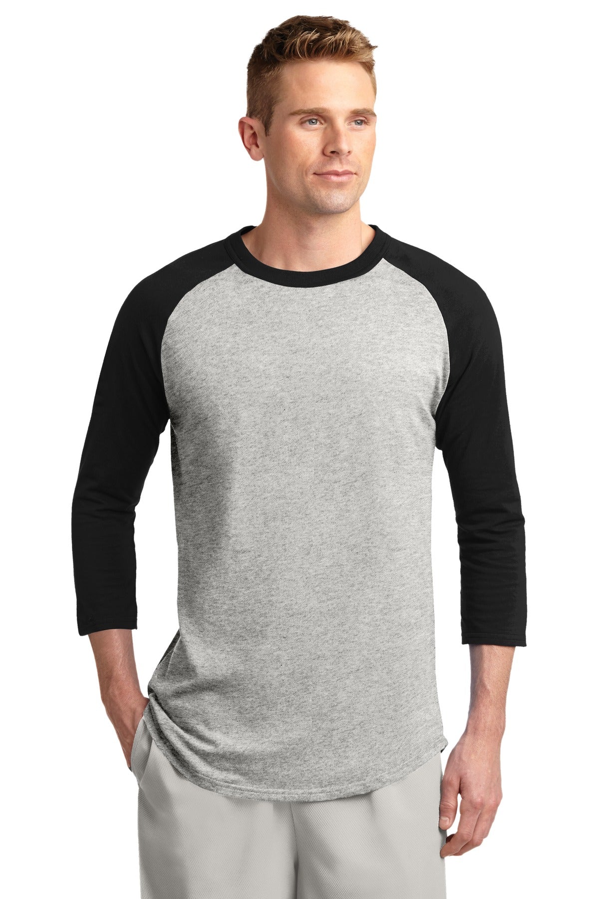 Front View of Heathr/Gry/Blk Sport-Tek Colorblock Raglan Jersey. T200