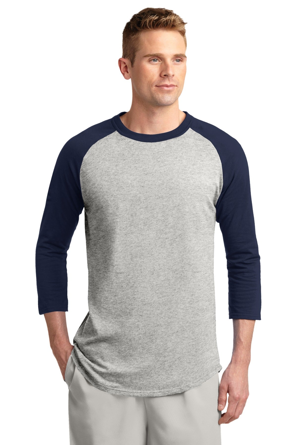 Front View of Heathr/Gry/Nvy Sport-Tek Colorblock Raglan Jersey. T200