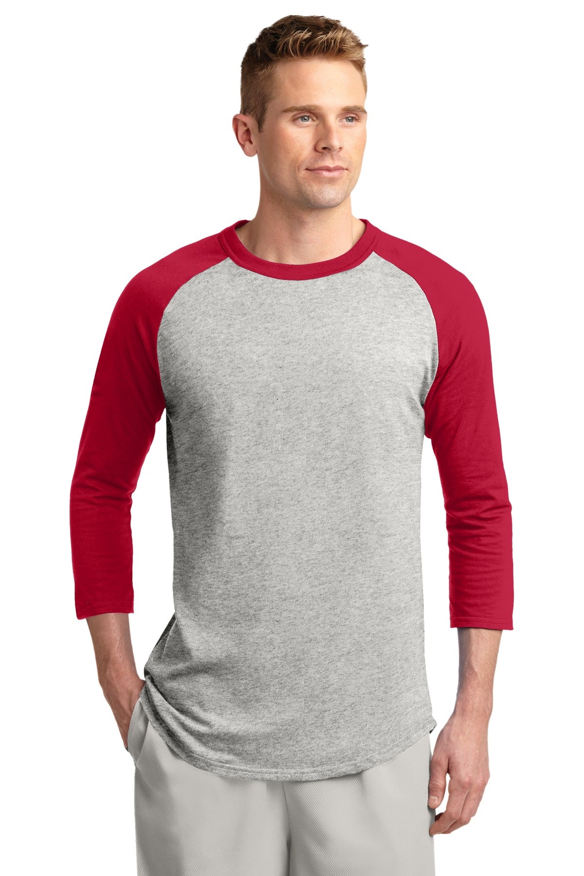 Front View of Heathr/Gry/Red Sport-Tek Colorblock Raglan Jersey. T200