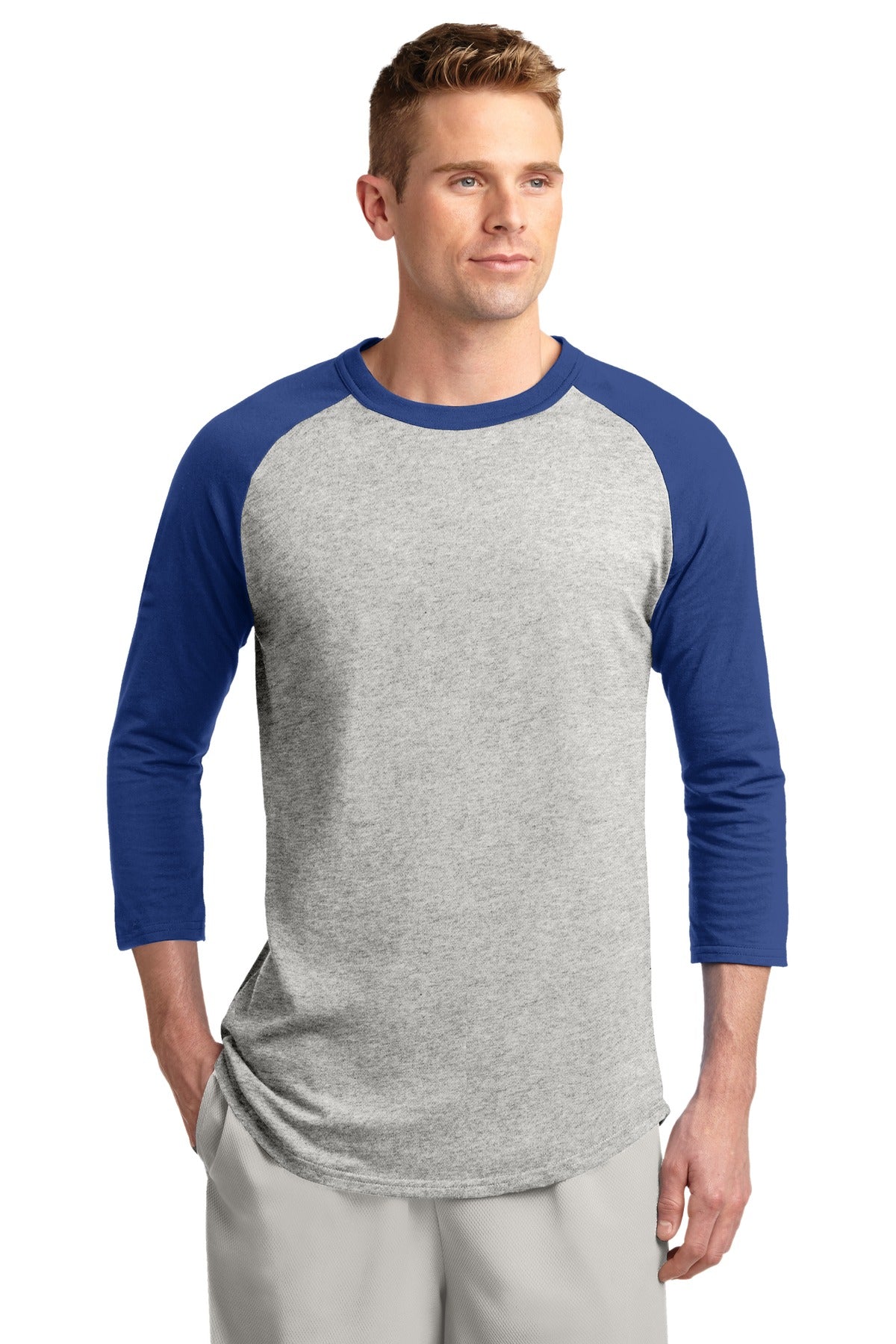 Front View of Heathr/Gry/Roy Sport-Tek Colorblock Raglan Jersey. T200