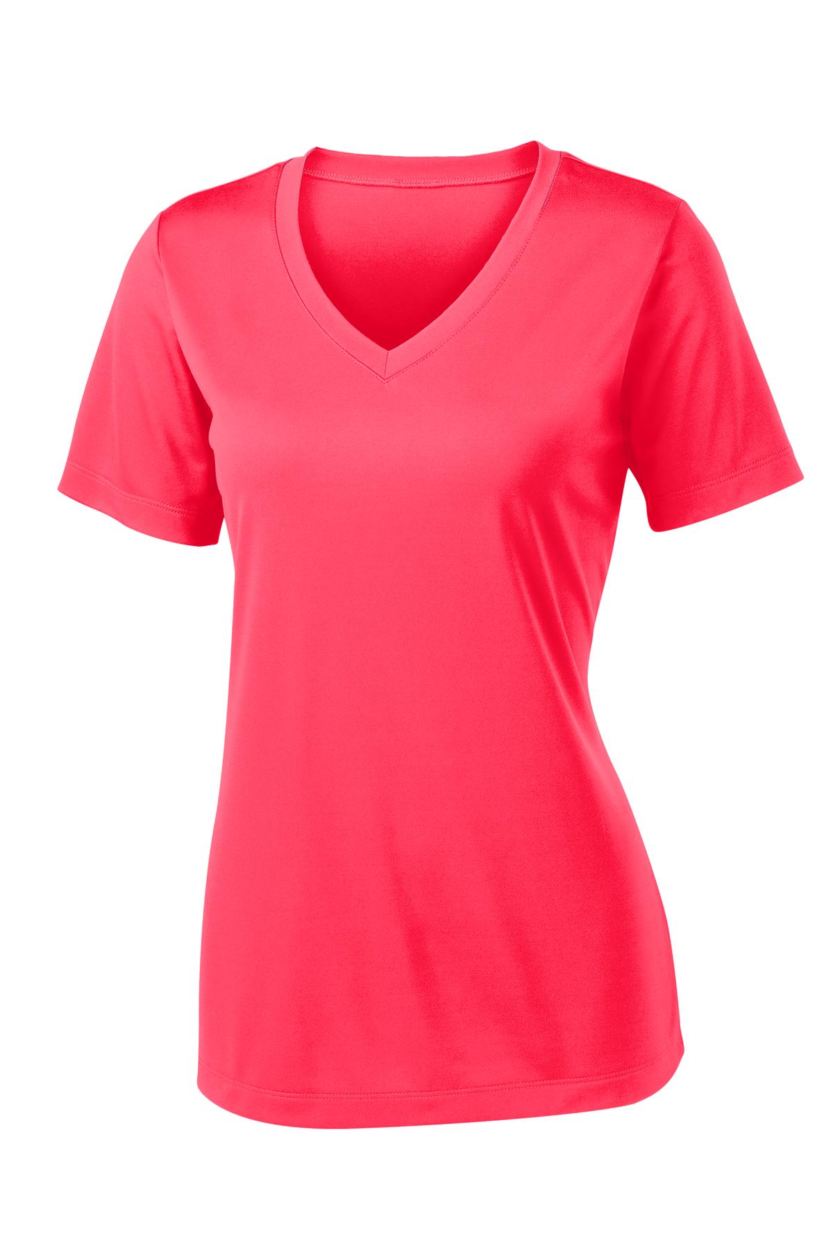 Front View of Hot Coral Sport-Tek Women's PosiCharge Competitor V-Neck Tee. LST353
