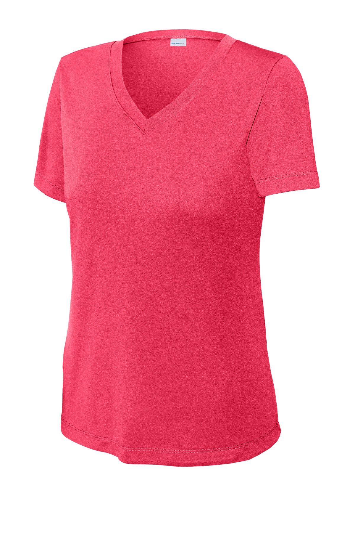 Front View of Hot Coral Sport-Tek Women's PosiCharge Competitor V-Neck Tee. LST353