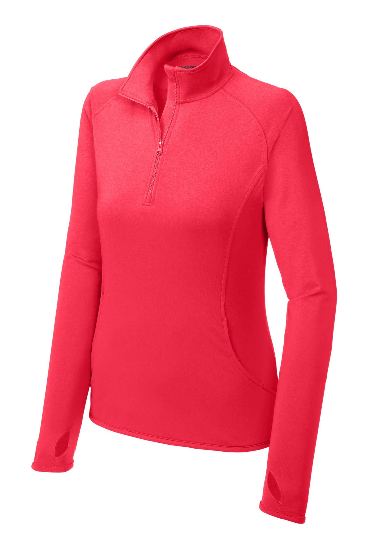 Front View of Hot Coral Sport-Tek Women's Sport-Wick Stretch 1/4-Zip Pullover. LST850