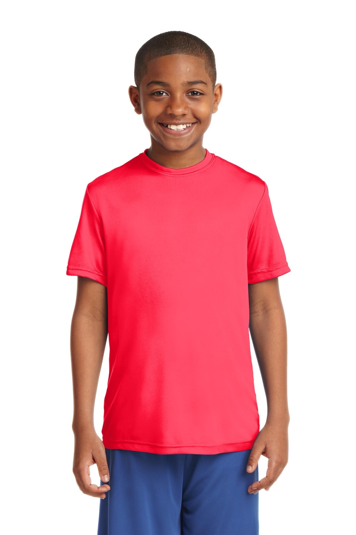 Front View of Hot Coral Sport-Tek Youth PosiCharge Competitor Tee. YST350