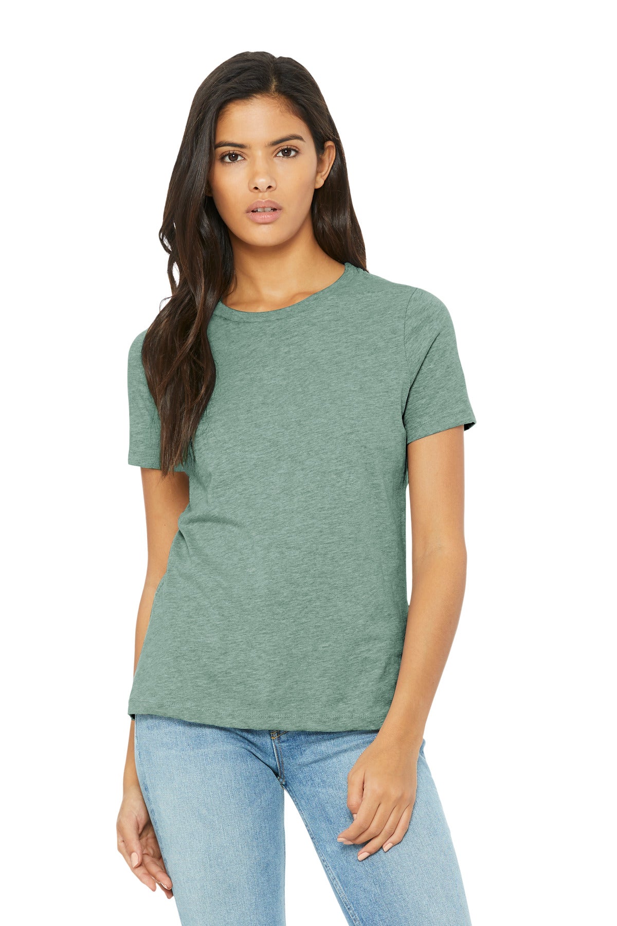 Front View of HPsmDstyBl BELLA+CANVAS Women's Relaxed CVC Tee BC6400CVC
