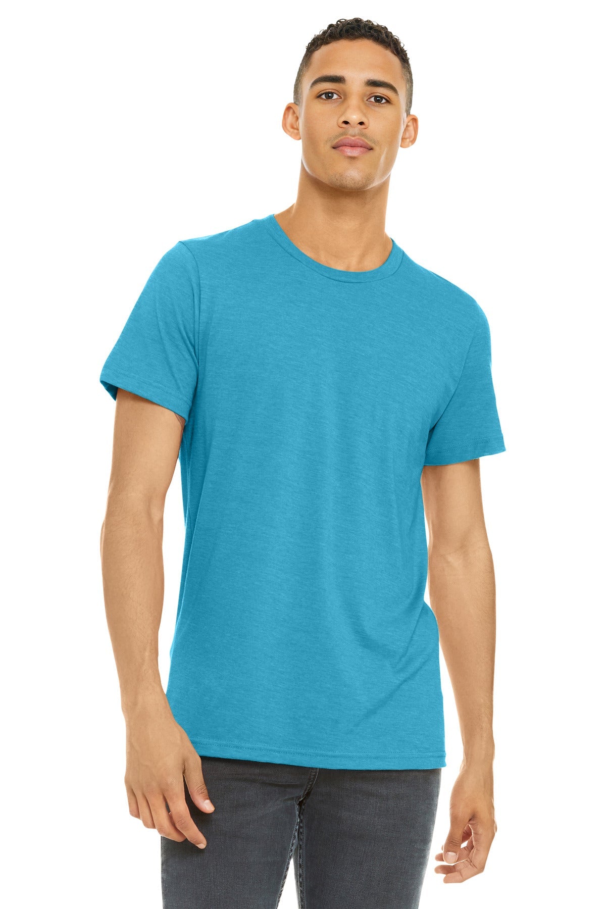 Front View of Ht Aqua BELLA+CANVAS Unisex Heather CVC Short Sleeve Tee. BC3001CVC