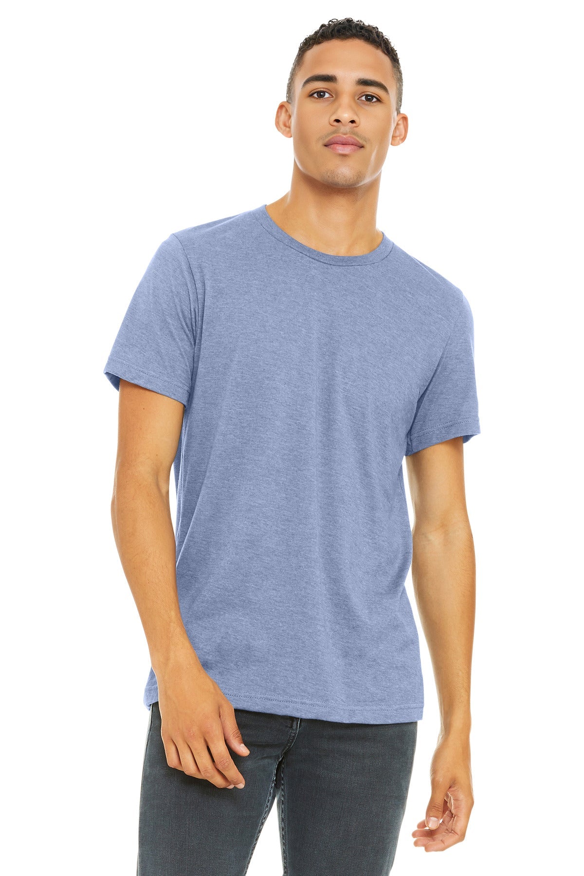 Front View of Ht Blue BELLA+CANVAS Unisex Heather CVC Short Sleeve Tee. BC3001CVC