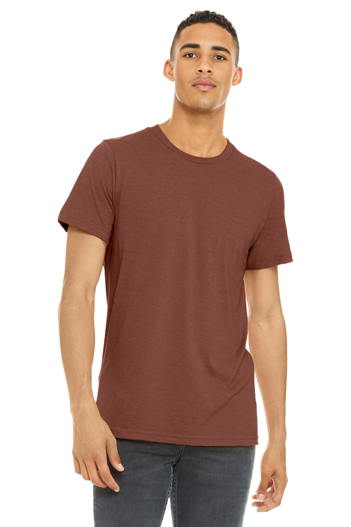 Front View of Ht Clay BELLA+CANVAS Unisex Heather CVC Short Sleeve Tee. BC3001CVC