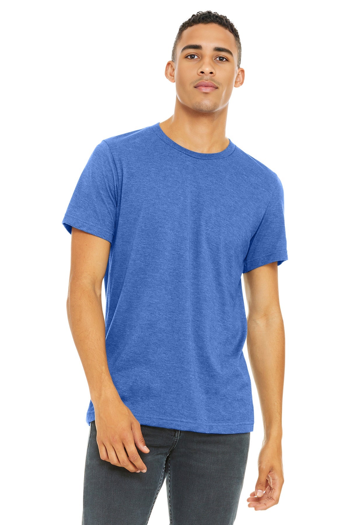 Front View of Ht Columb Blue BELLA+CANVAS Unisex Heather CVC Short Sleeve Tee. BC3001CVC