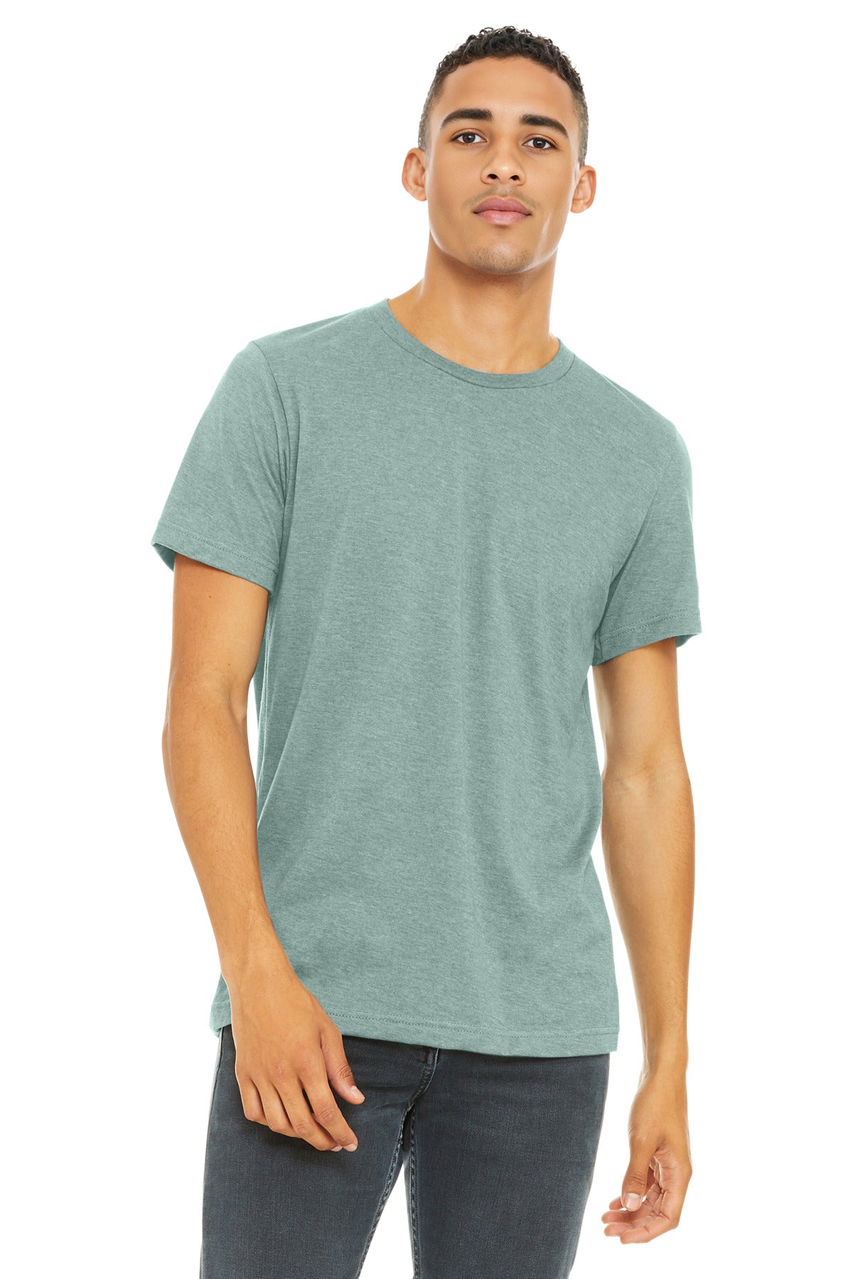 Front View of Ht Dusty Blue BELLA+CANVAS Unisex Heather CVC Short Sleeve Tee. BC3001CVC