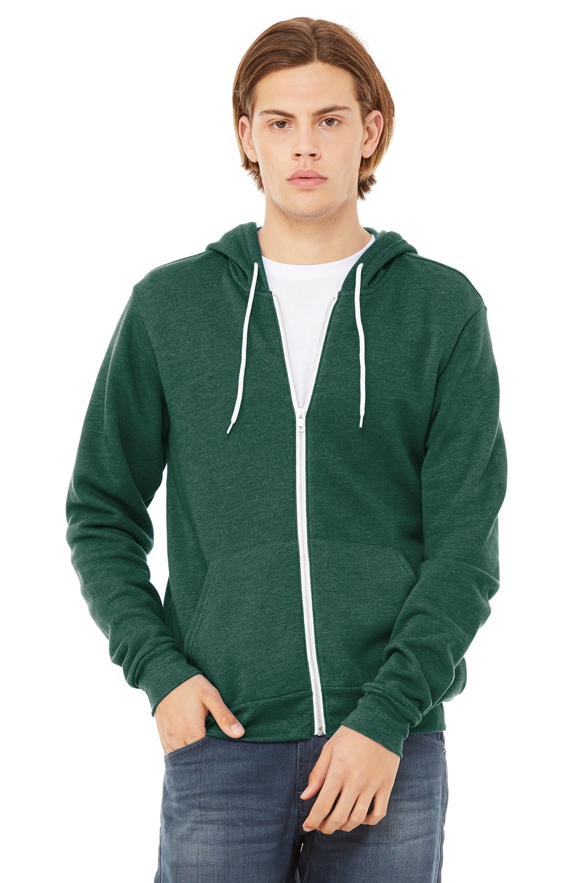 Front View of Ht Forest BELLA+CANVAS Unisex Sponge Fleece Full-Zip Hoodie. BC3739