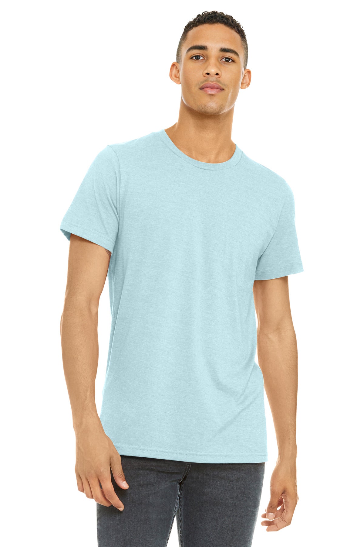 Front View of Ht Ice Blue BELLA+CANVAS Unisex Heather CVC Short Sleeve Tee. BC3001CVC