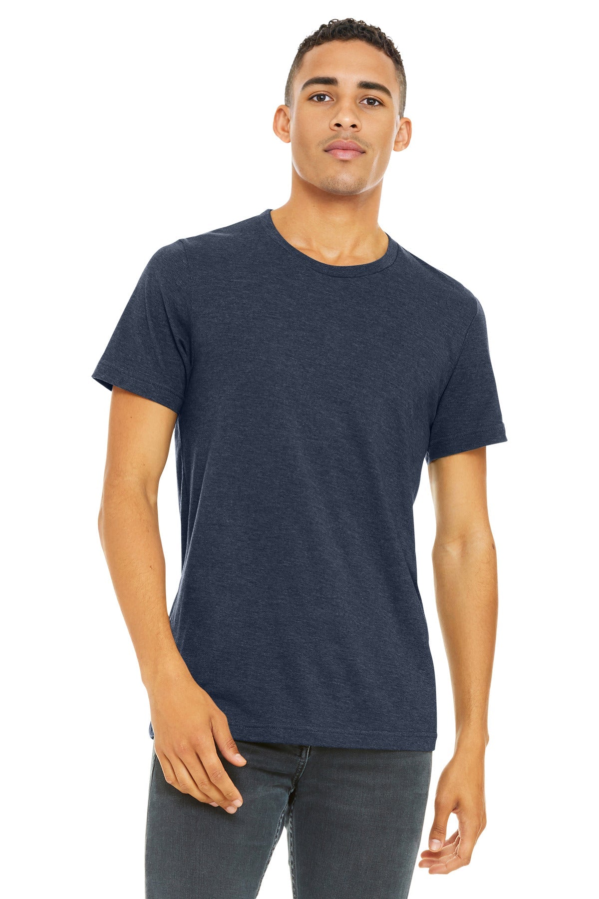 Front View of Ht Navy BELLA+CANVAS Unisex Heather CVC Short Sleeve Tee. BC3001CVC