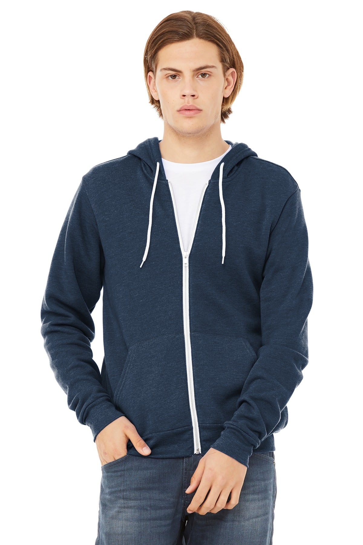 Front View of Ht Navy BELLA+CANVAS Unisex Sponge Fleece Full-Zip Hoodie. BC3739